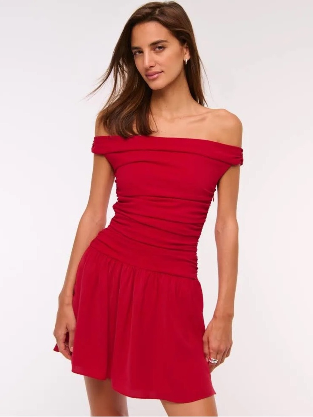 Abercrombie & Fitch Off-the-Shoulder Red Ruched Mini Dress